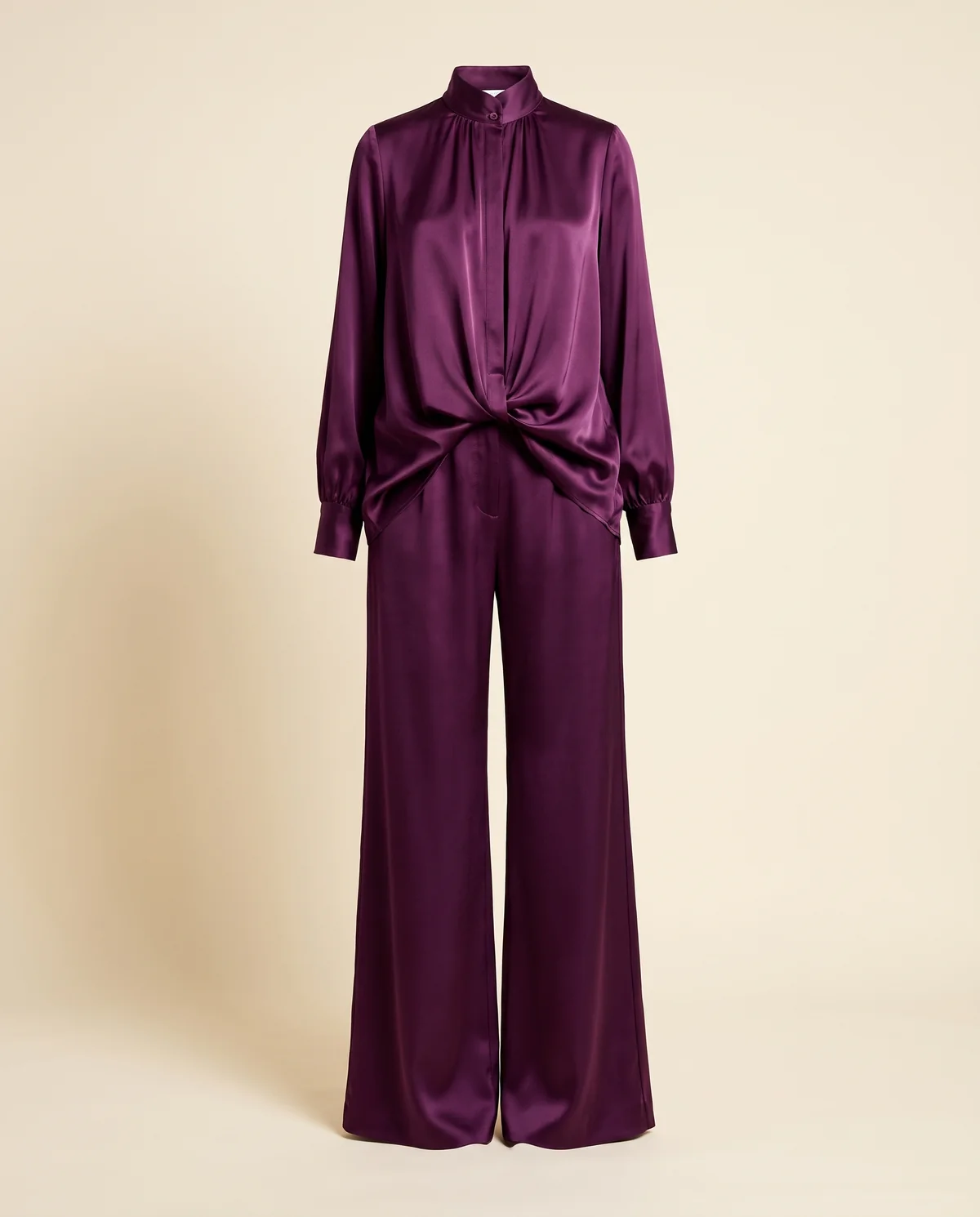 Satin Stand-Collar Shirt and Wide-Leg Trouser Set in Plum, product shot on a plain background