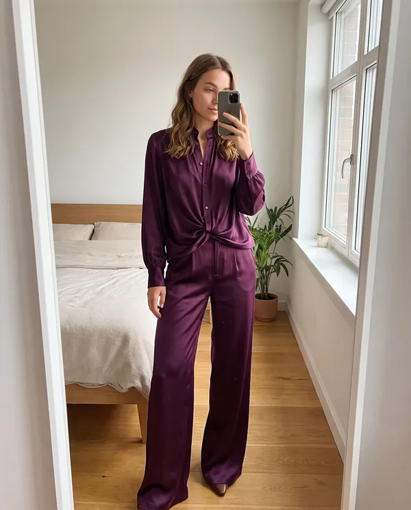 Satin Eve styling: Satin Stand-Collar Shirt and Wide-Leg Trouser Set