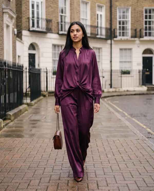 Satin Eve styling: Satin Stand-Collar Shirt and Wide-Leg Trouser Set