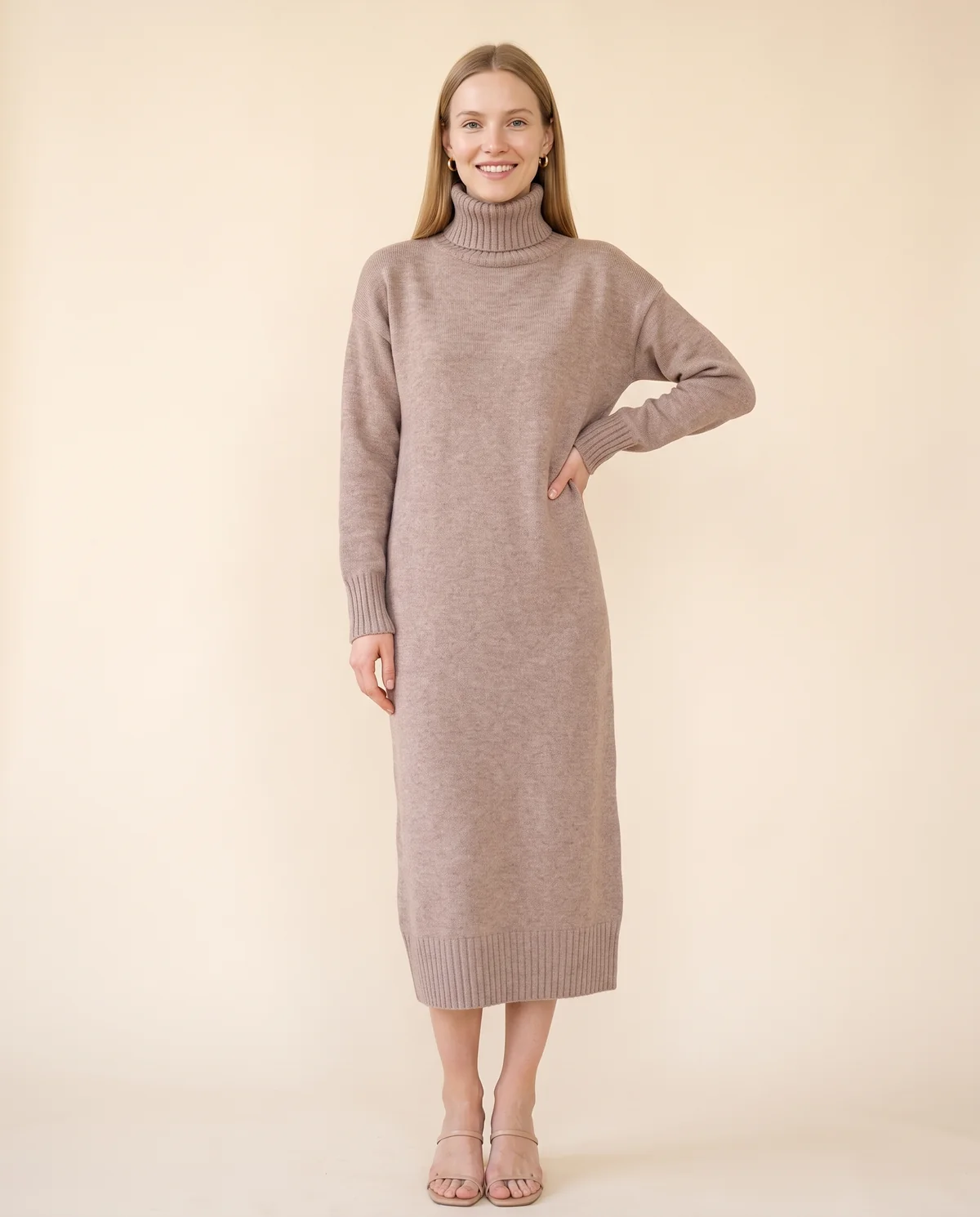Turtleneck Knit Midi Dress in Taupe, front view, worn by Maya