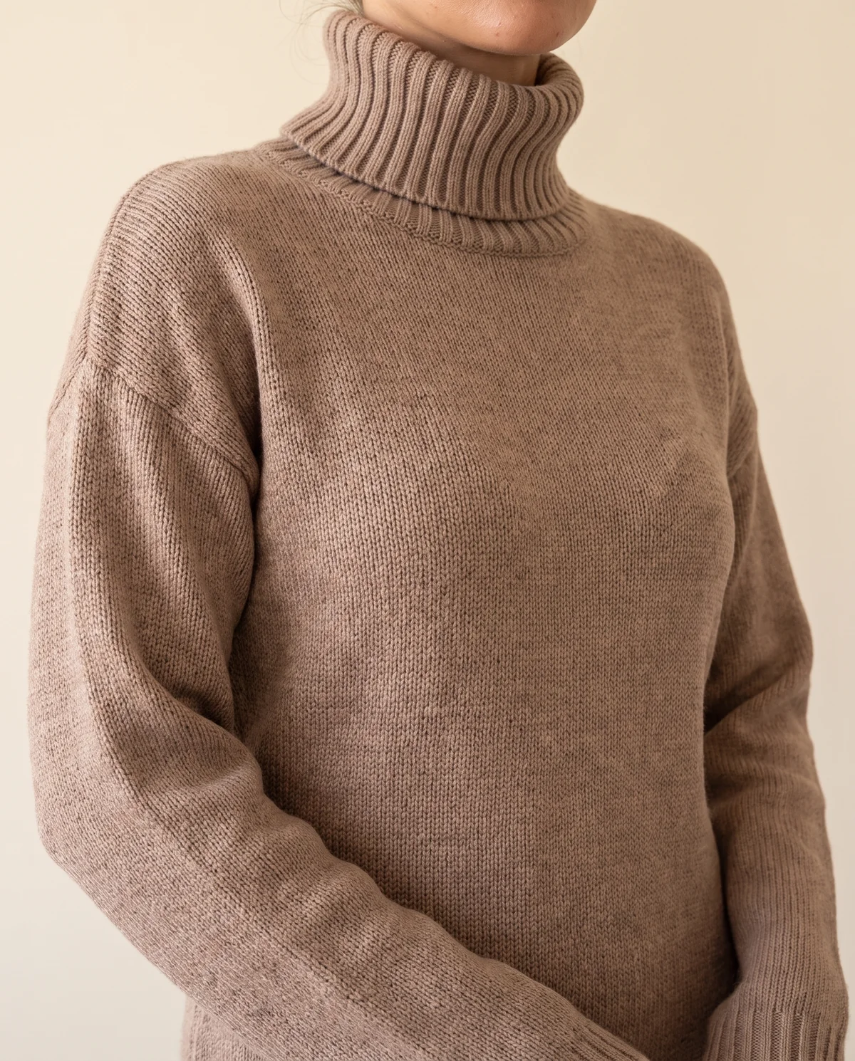 Turtleneck Knit Midi Dress in Taupe, close-up of the detail