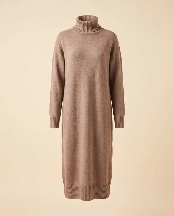 Turtleneck Knit Midi Dress in Taupe, product shot on a plain background