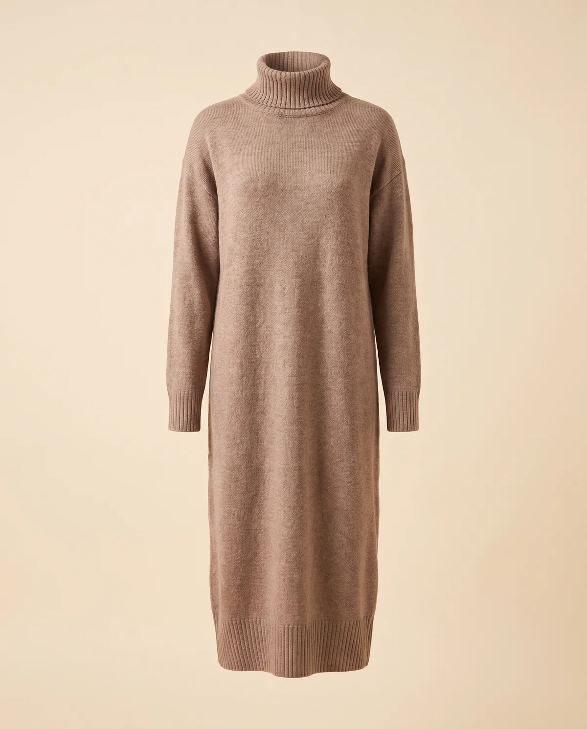 Turtleneck Knit Midi Dress in Taupe, product shot on a plain background
