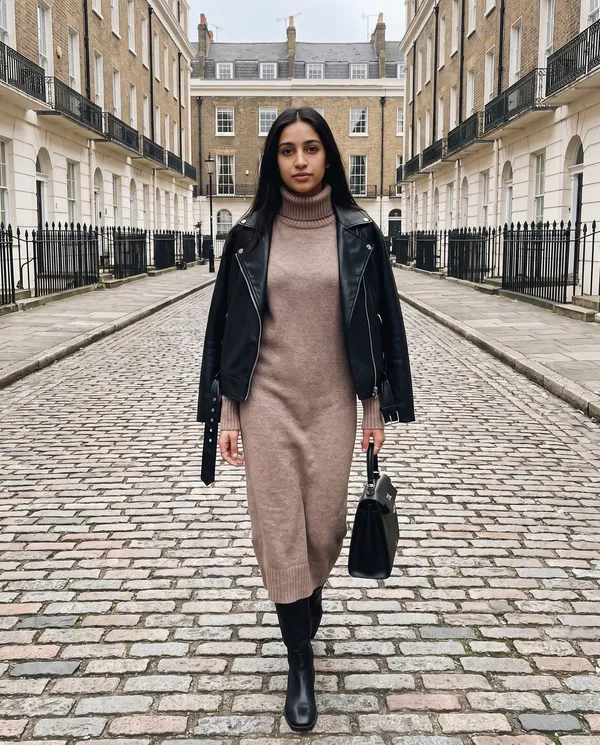 Satin Eve styling: Turtleneck Knit Midi Dress