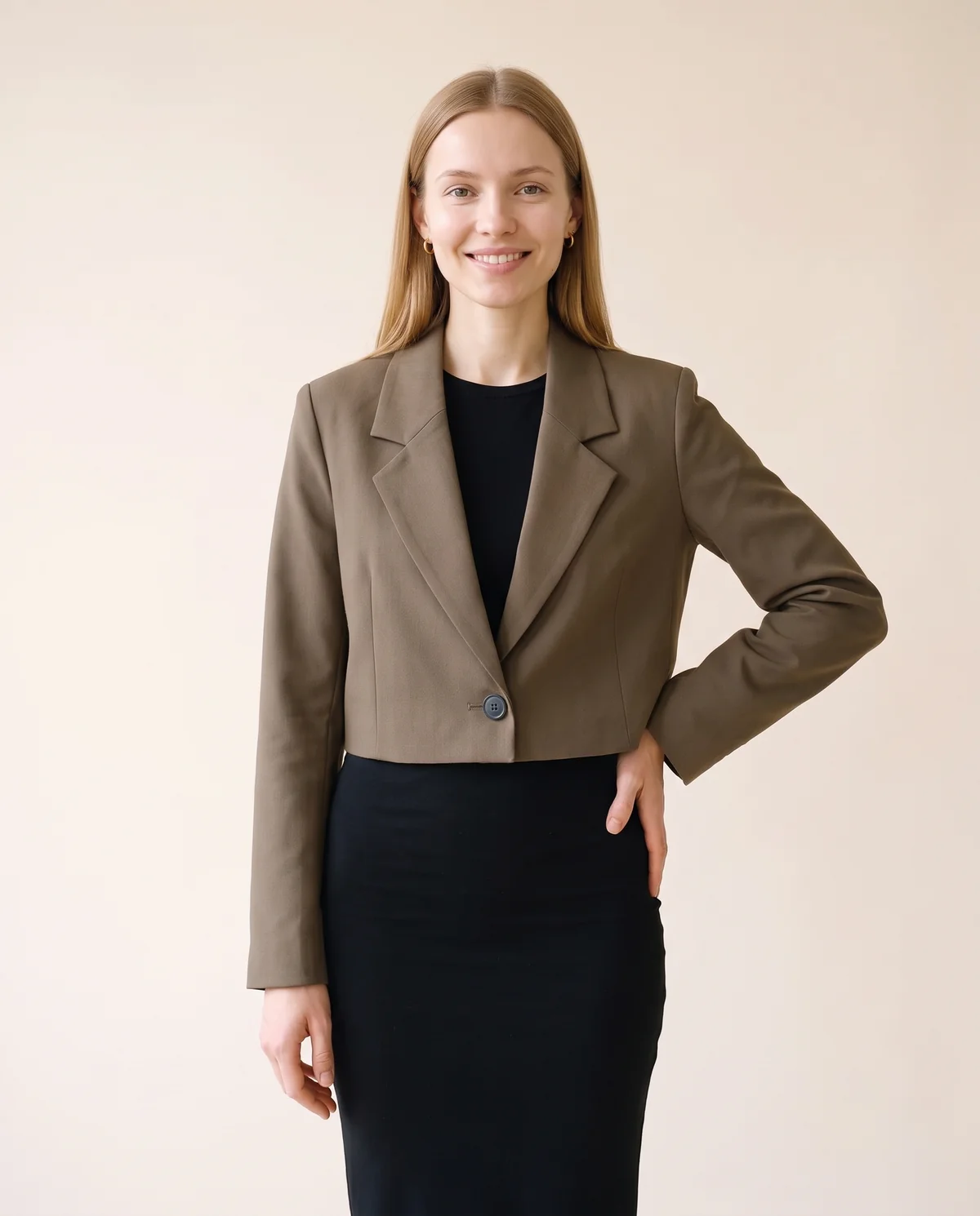 Cropped One-Button Blazer in Olive Brown, front view, worn by Maya