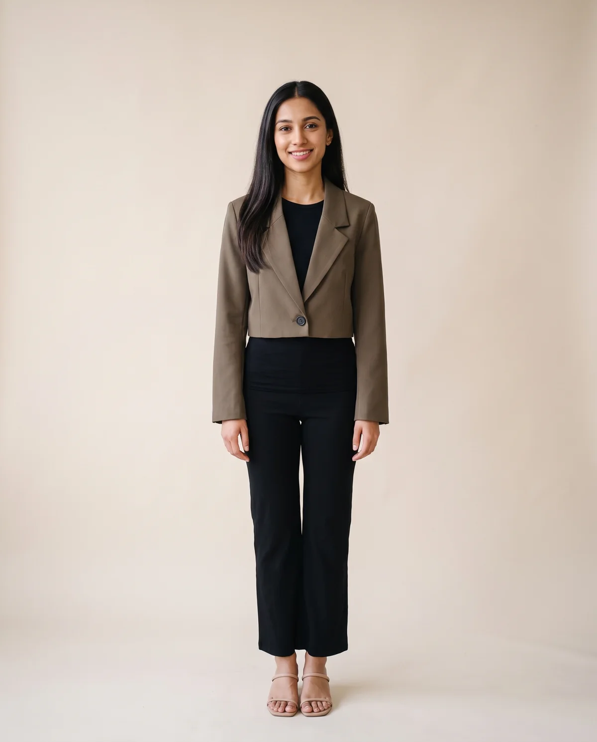 Cropped One-Button Blazer in Olive Brown, front view, worn by Priya