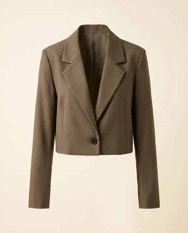 Cropped One-Button Blazer in Olive Brown, product shot on a plain background