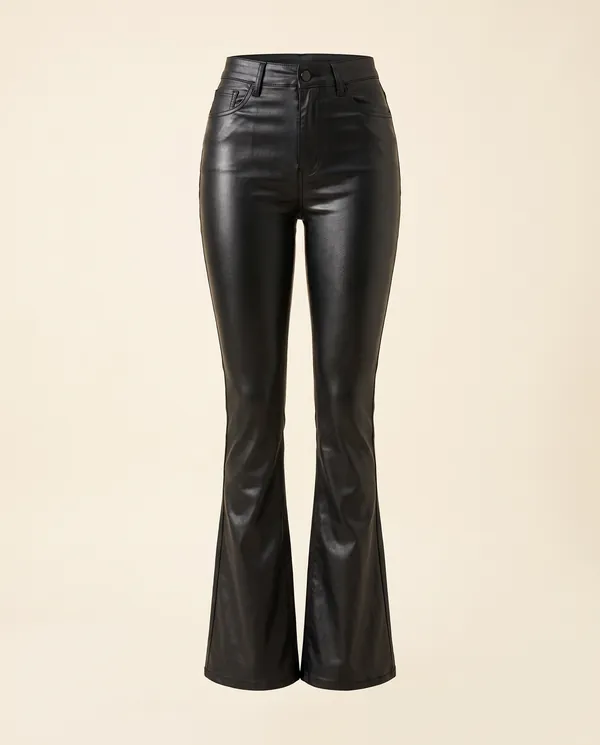 Coated Flare Trousers in Black, product shot on a plain background