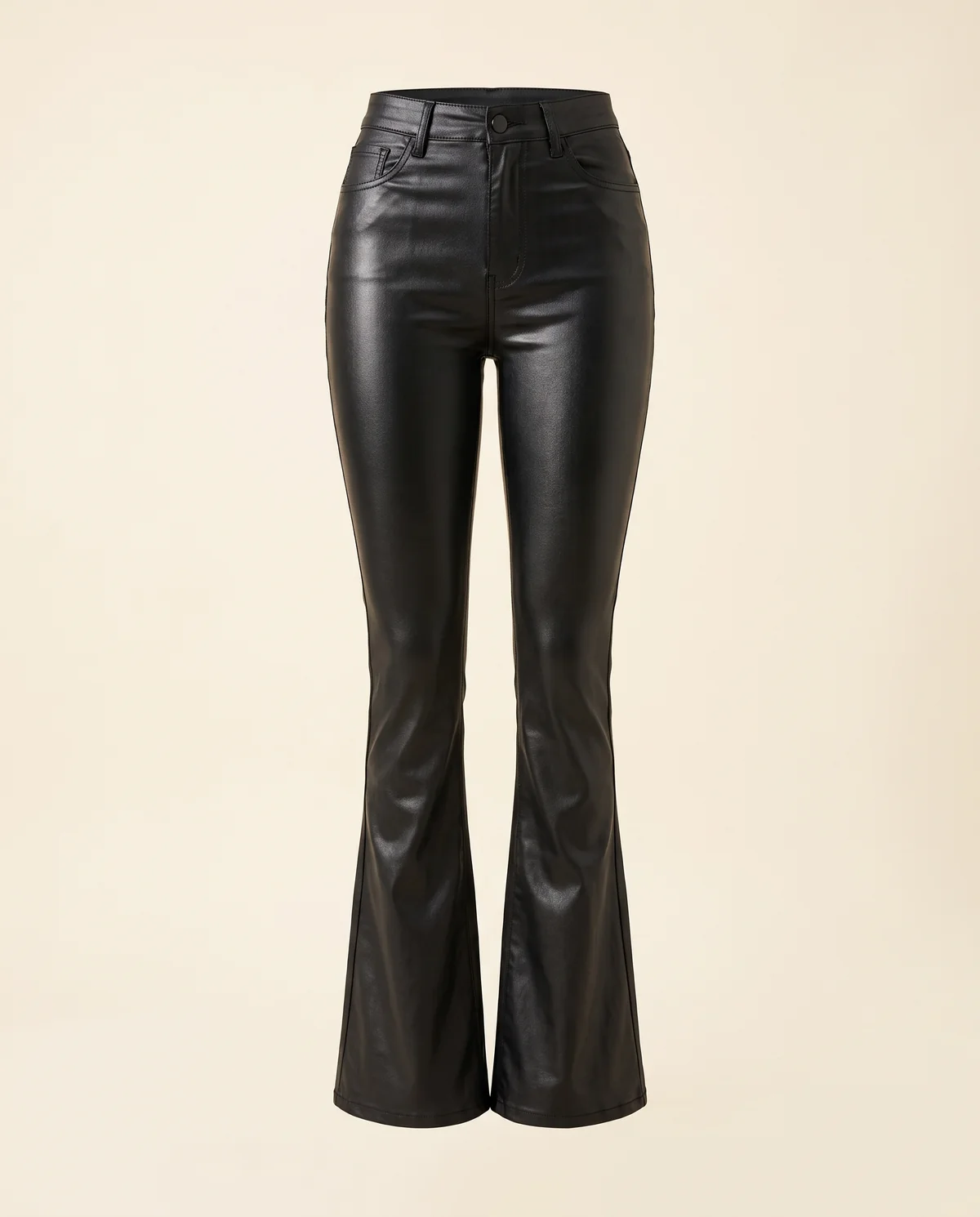 Coated Flare Trousers in Black, product shot on a plain background