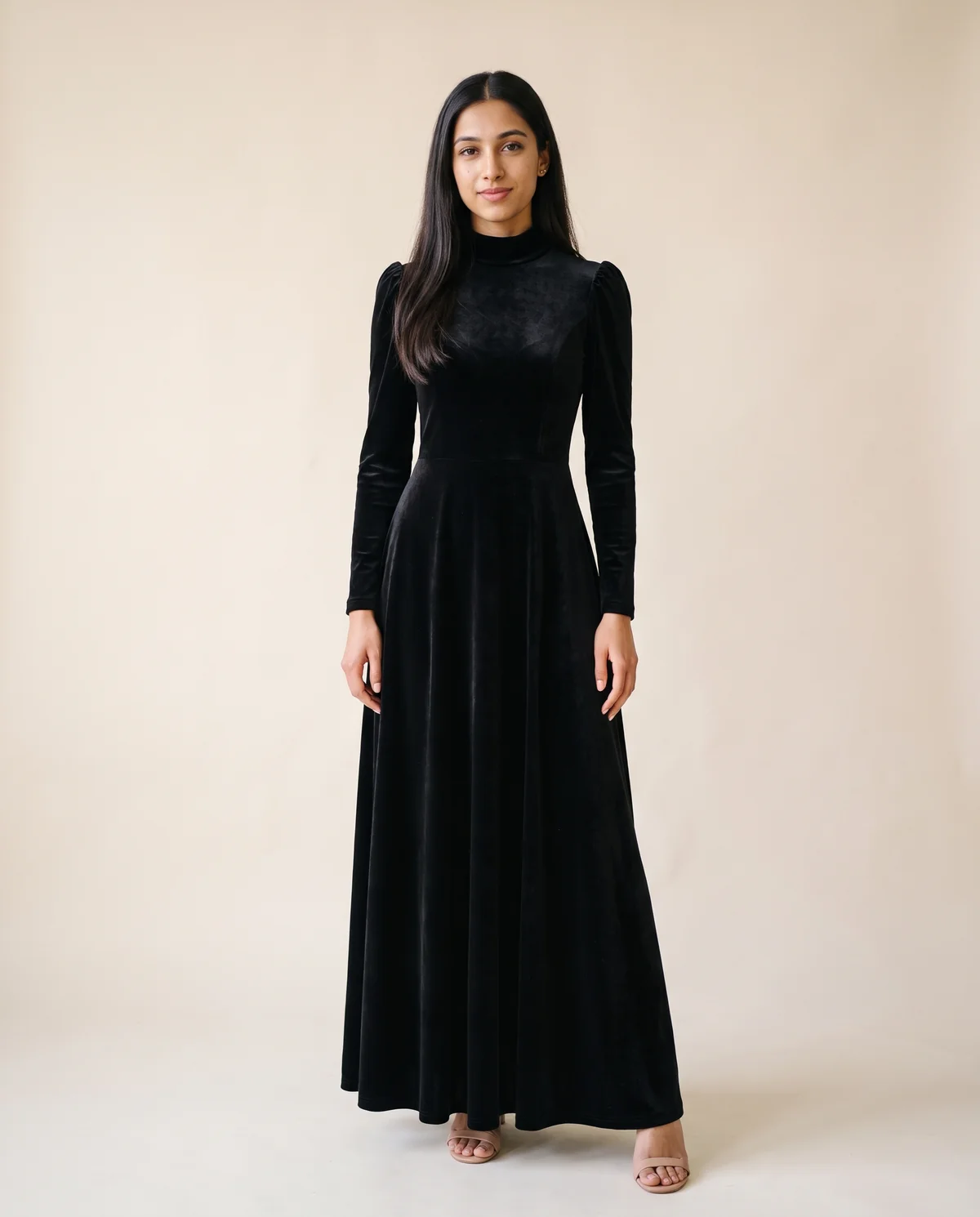 Velvet High-Neck Long-Sleeve Maxi Dress in Black, front view, worn by Priya