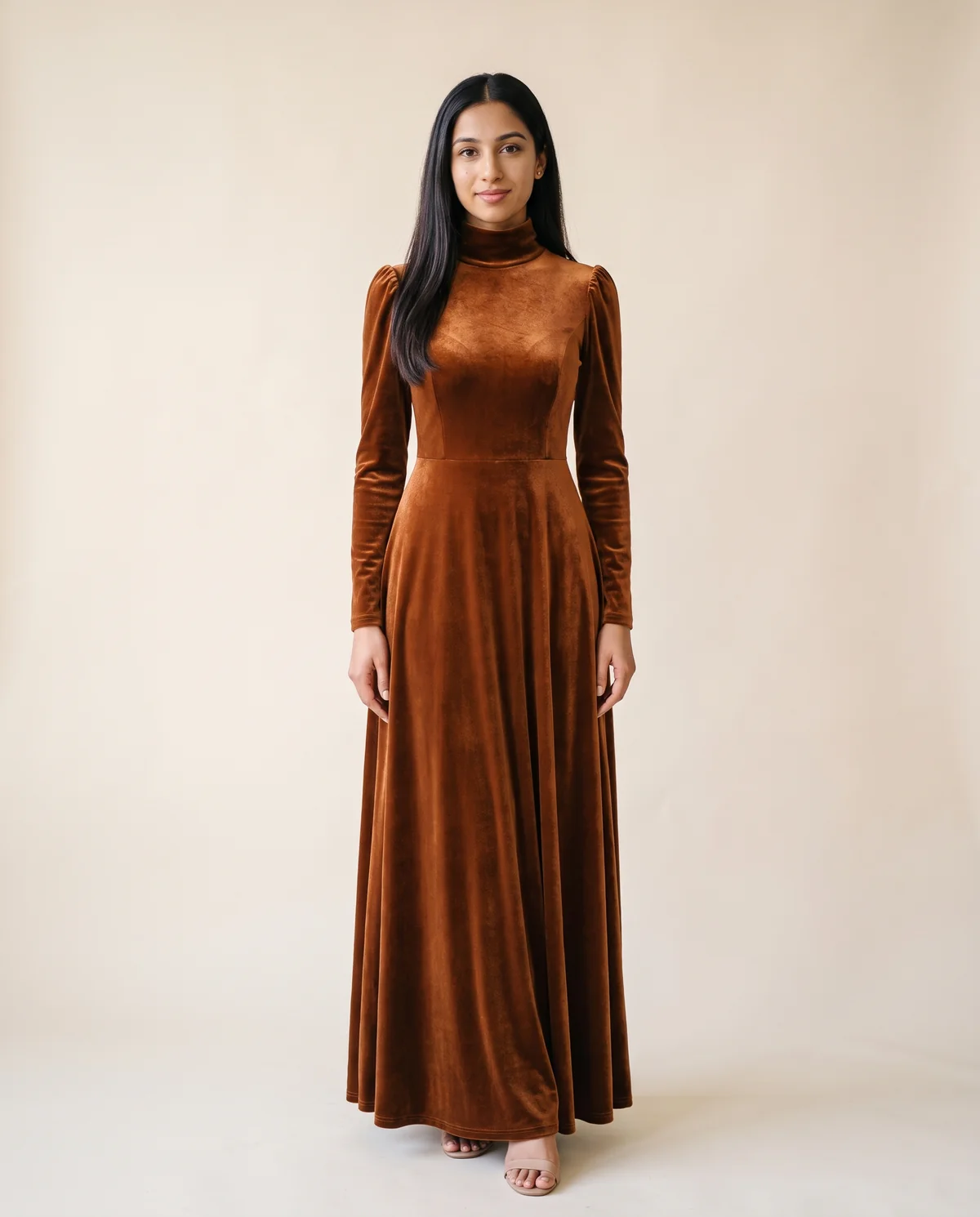 Velvet High-Neck Long-Sleeve Maxi Dress in Copper, front view, worn by Priya