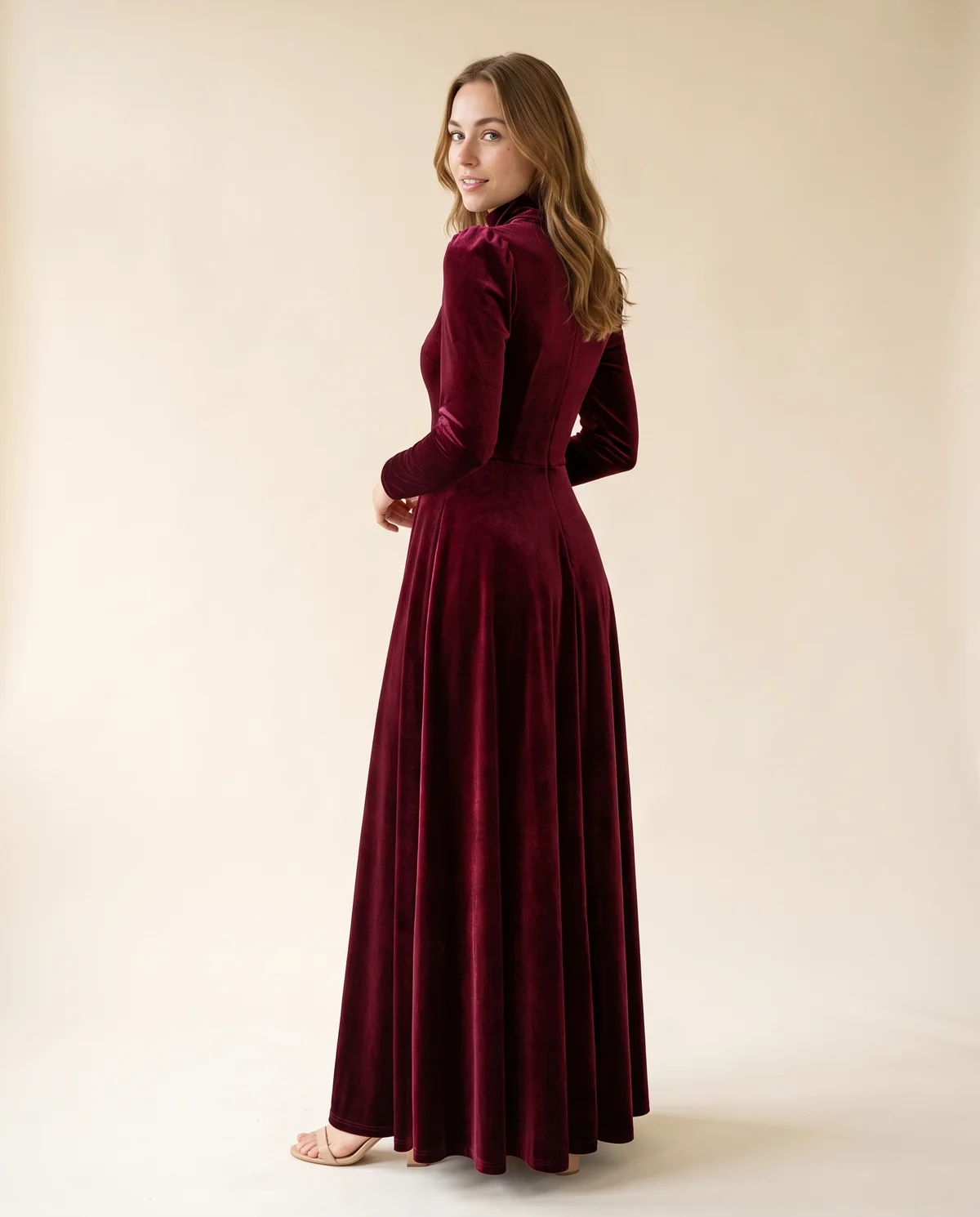 Velvet High-Neck Long-Sleeve Maxi Dress in Wine, back view, worn by Ava