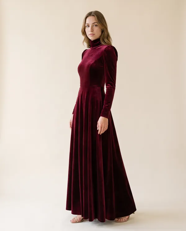 Velvet High-Neck Long-Sleeve Maxi Dress in Wine, side view, worn by Ava