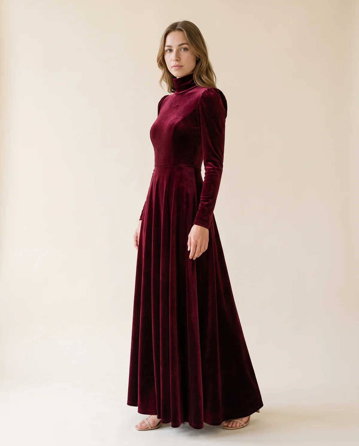 Velvet High-Neck Long-Sleeve Maxi Dress in Wine, side view, worn by Ava