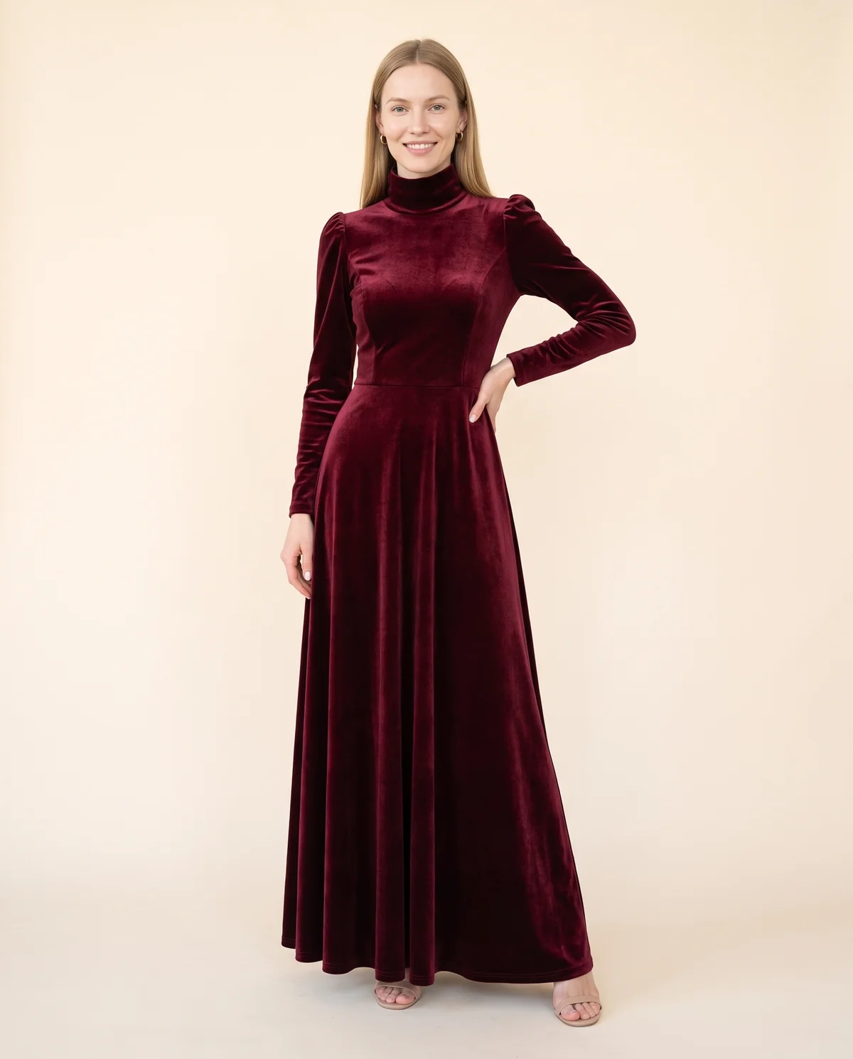 Velvet High-Neck Long-Sleeve Maxi Dress in Wine, front view, worn by Maya