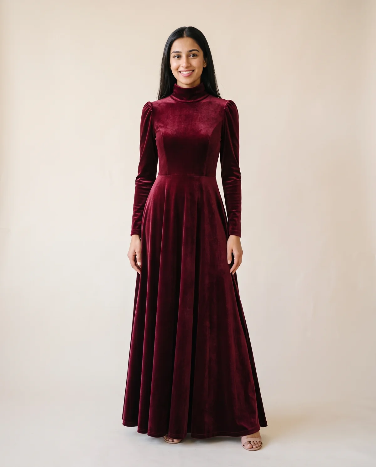 Velvet High-Neck Long-Sleeve Maxi Dress in Wine, front view, worn by Priya