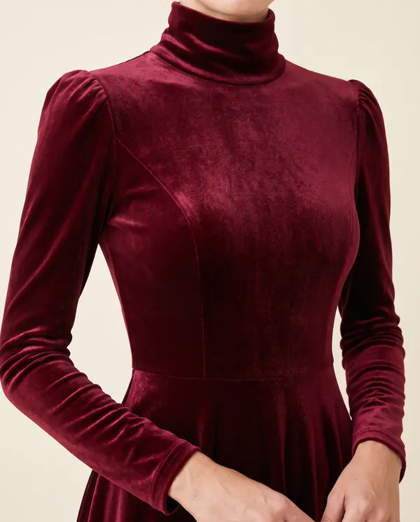 Velvet High-Neck Long-Sleeve Maxi Dress in Wine, close-up of the detail