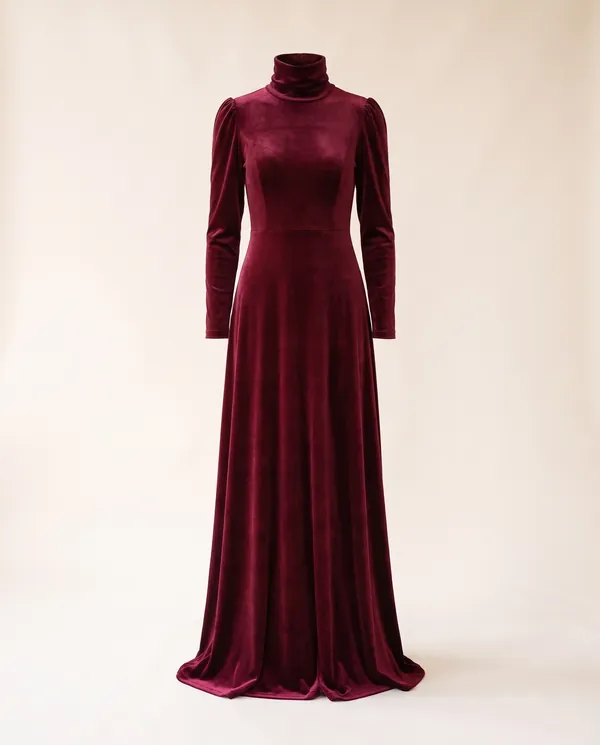 Velvet High-Neck Long-Sleeve Maxi Dress in Wine, product shot on a plain background