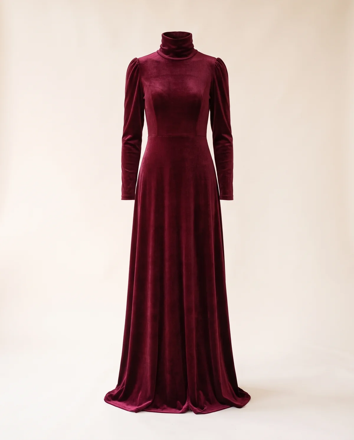 Velvet High-Neck Long-Sleeve Maxi Dress in Wine, product shot on a plain background