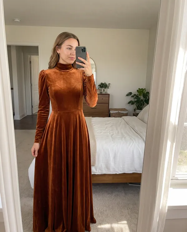 Satin Eve styling: Velvet High-Neck Long-Sleeve Maxi Dress
