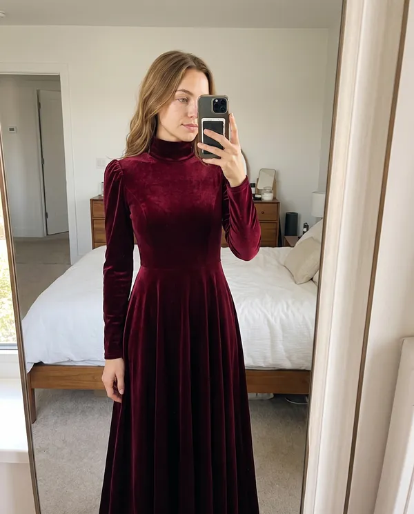 Satin Eve styling: Velvet High-Neck Long-Sleeve Maxi Dress
