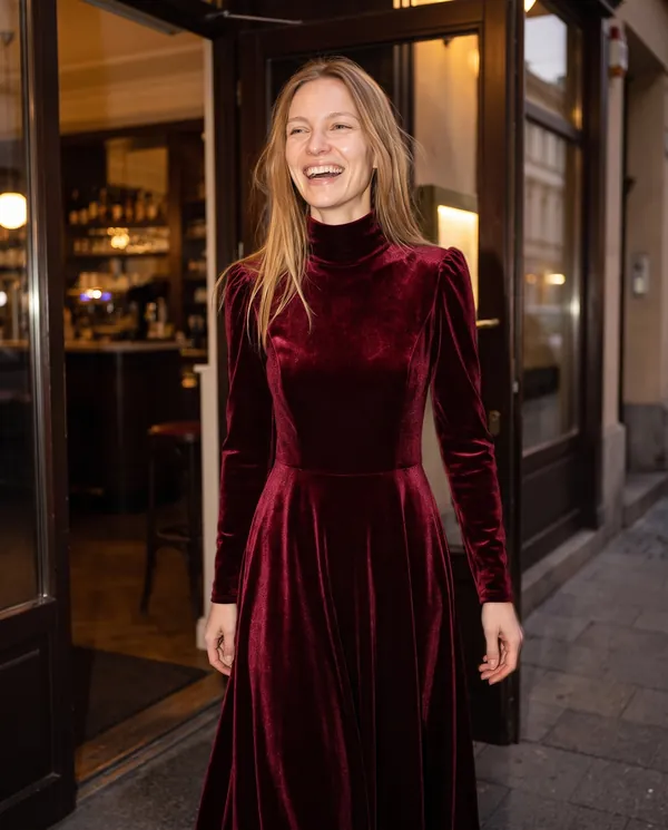 Satin Eve styling: Velvet High-Neck Long-Sleeve Maxi Dress