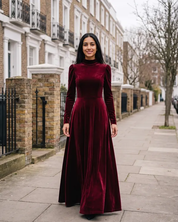 Satin Eve styling: Velvet High-Neck Long-Sleeve Maxi Dress
