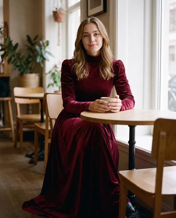 Satin Eve styling: Velvet High-Neck Long-Sleeve Maxi Dress