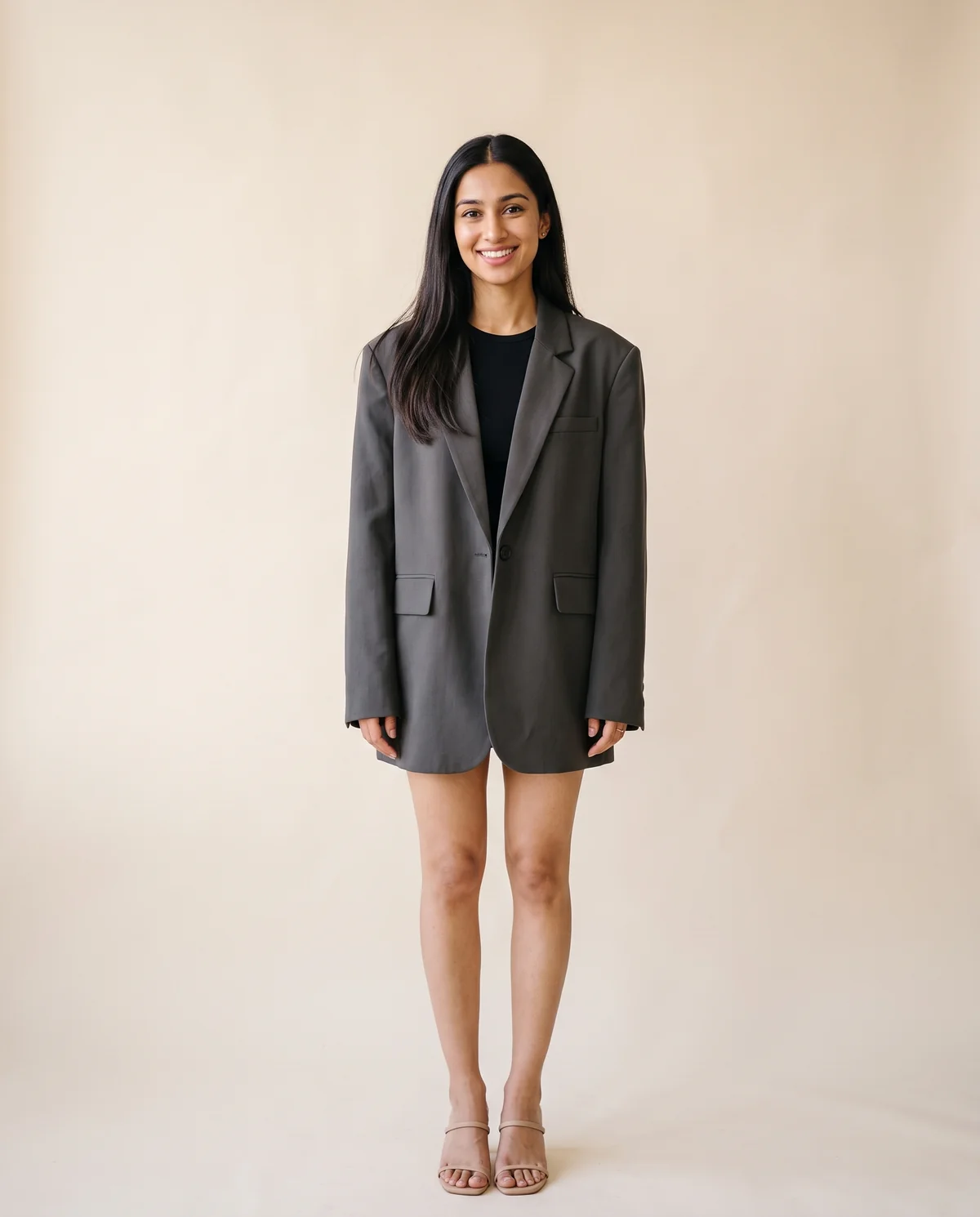 Oversized Boyfriend Blazer in Charcoal, front view, worn by Priya