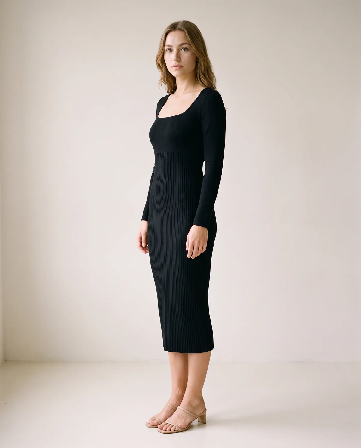 Square-Neck Rib Knit Midi Dress in Black, side view, worn by Ava