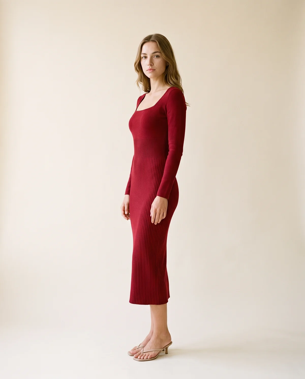 Square-Neck Rib Knit Midi Dress in Red, side view, worn by Ava