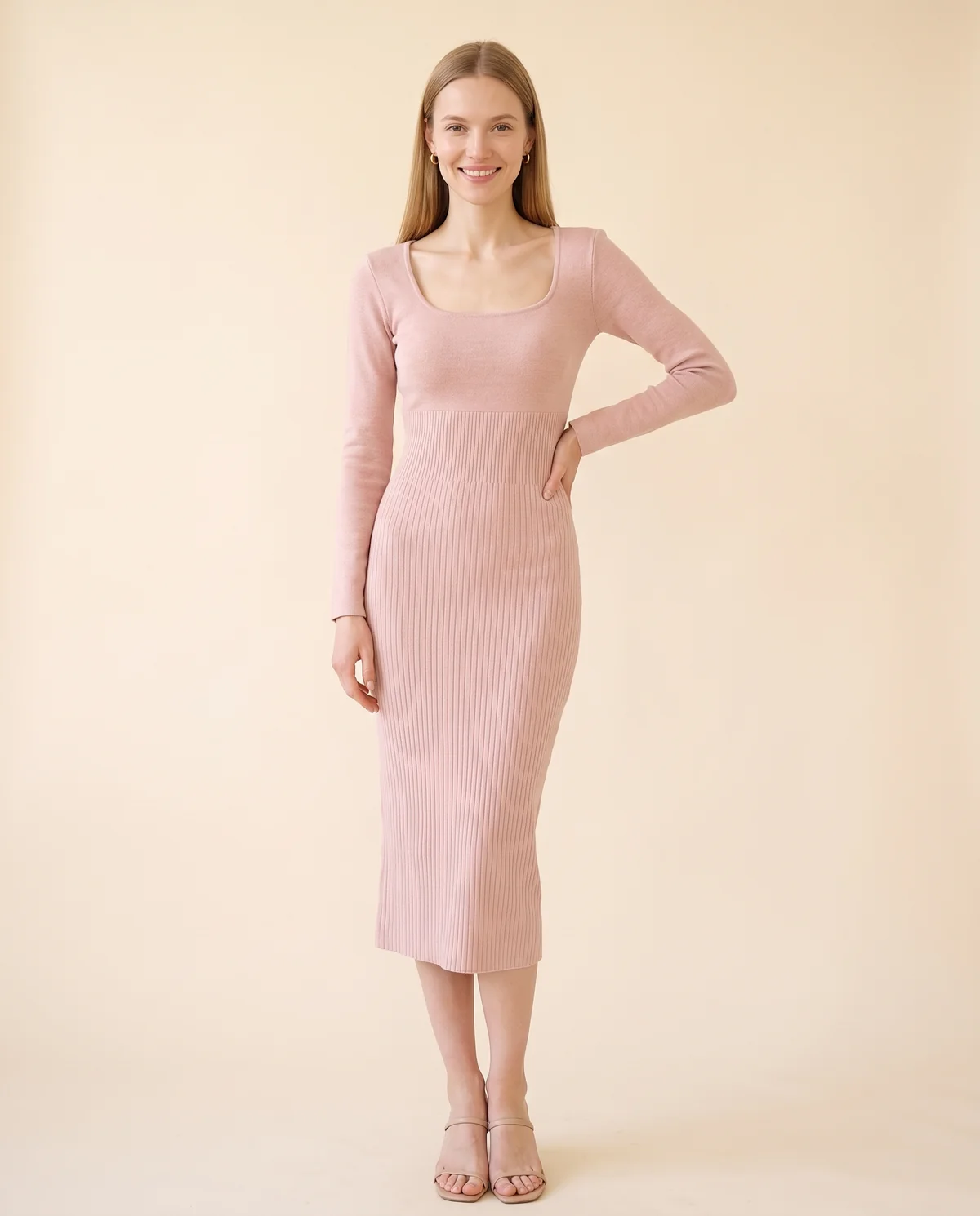 Square-Neck Rib Knit Midi Dress in Dusty Rose, front view, worn by Maya
