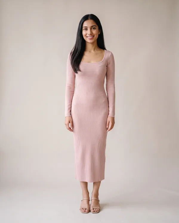 Square-Neck Rib Knit Midi Dress in Dusty Rose, front view, worn by Priya