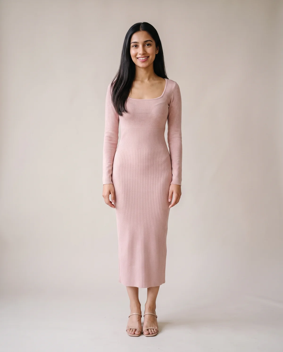 Square-Neck Rib Knit Midi Dress in Dusty Rose, front view, worn by Priya