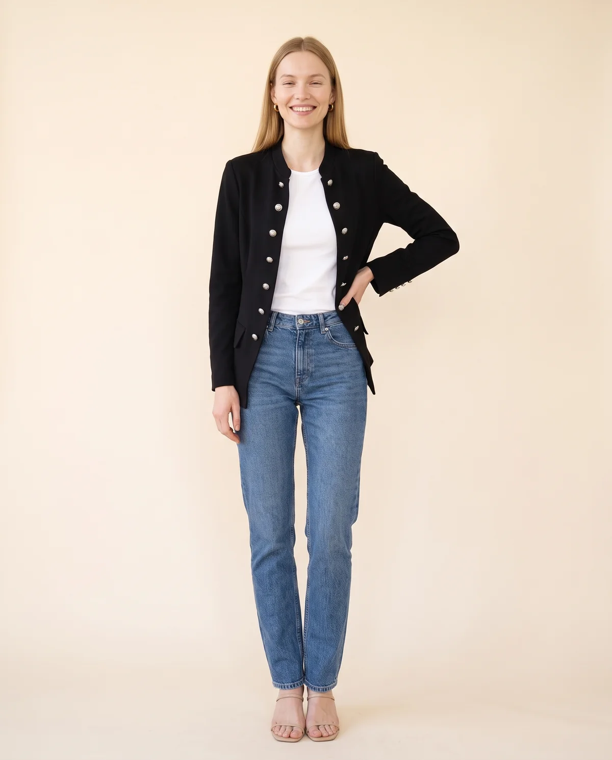 Military Double-Breasted Blazer in Black, front view, worn by Maya
