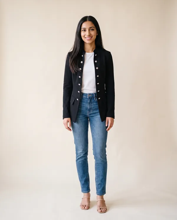 Military Double-Breasted Blazer in Black, front view, worn by Priya