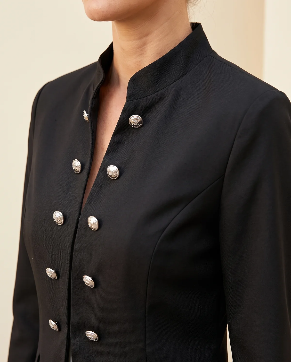 Military Double-Breasted Blazer in Black, close-up of the detail