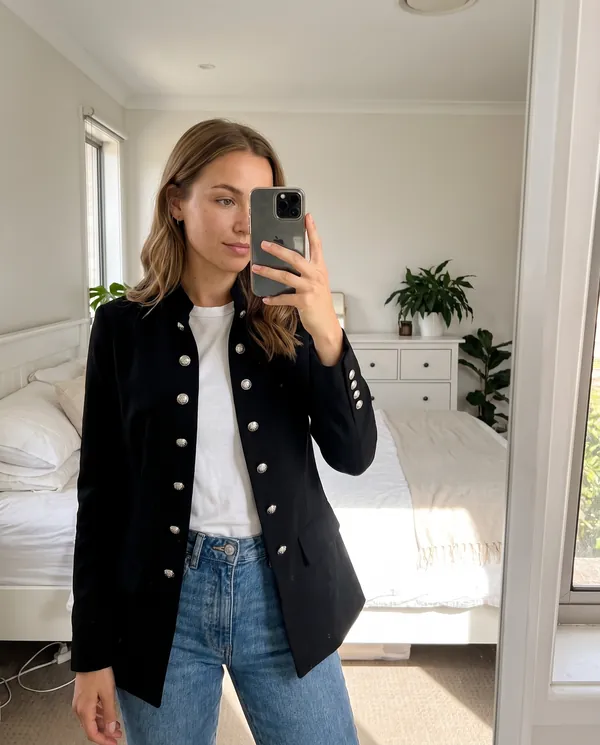 Satin Eve styling: Military Double-Breasted Blazer