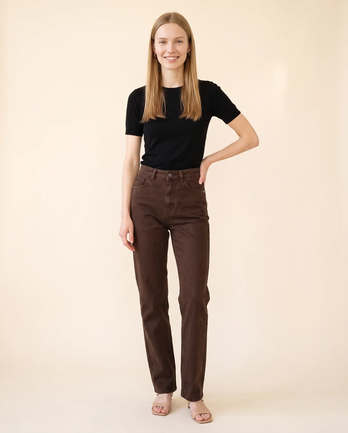 High-Rise Straight-Leg Jeans in Chocolate, front view, worn by Maya