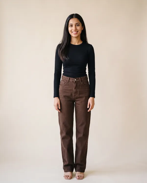 High-Rise Straight-Leg Jeans in Chocolate, front view, worn by Priya