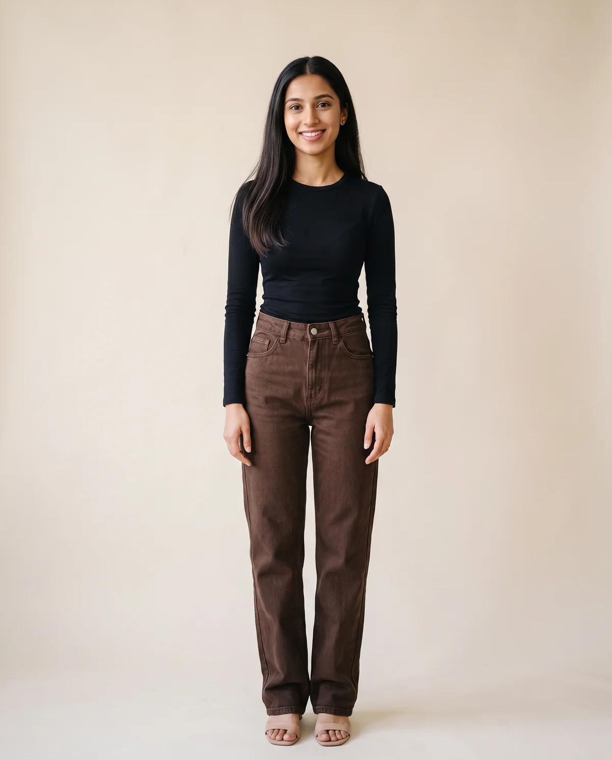 High-Rise Straight-Leg Jeans in Chocolate, front view, worn by Priya