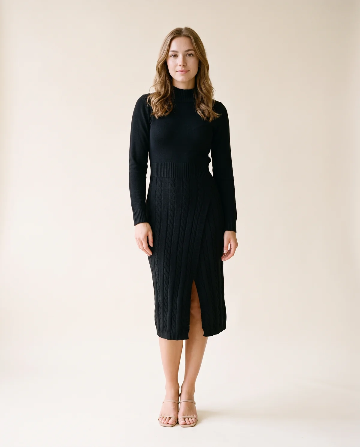 Cable-Knit Mock-Neck Midi Dress in Black, front view, worn by Ava