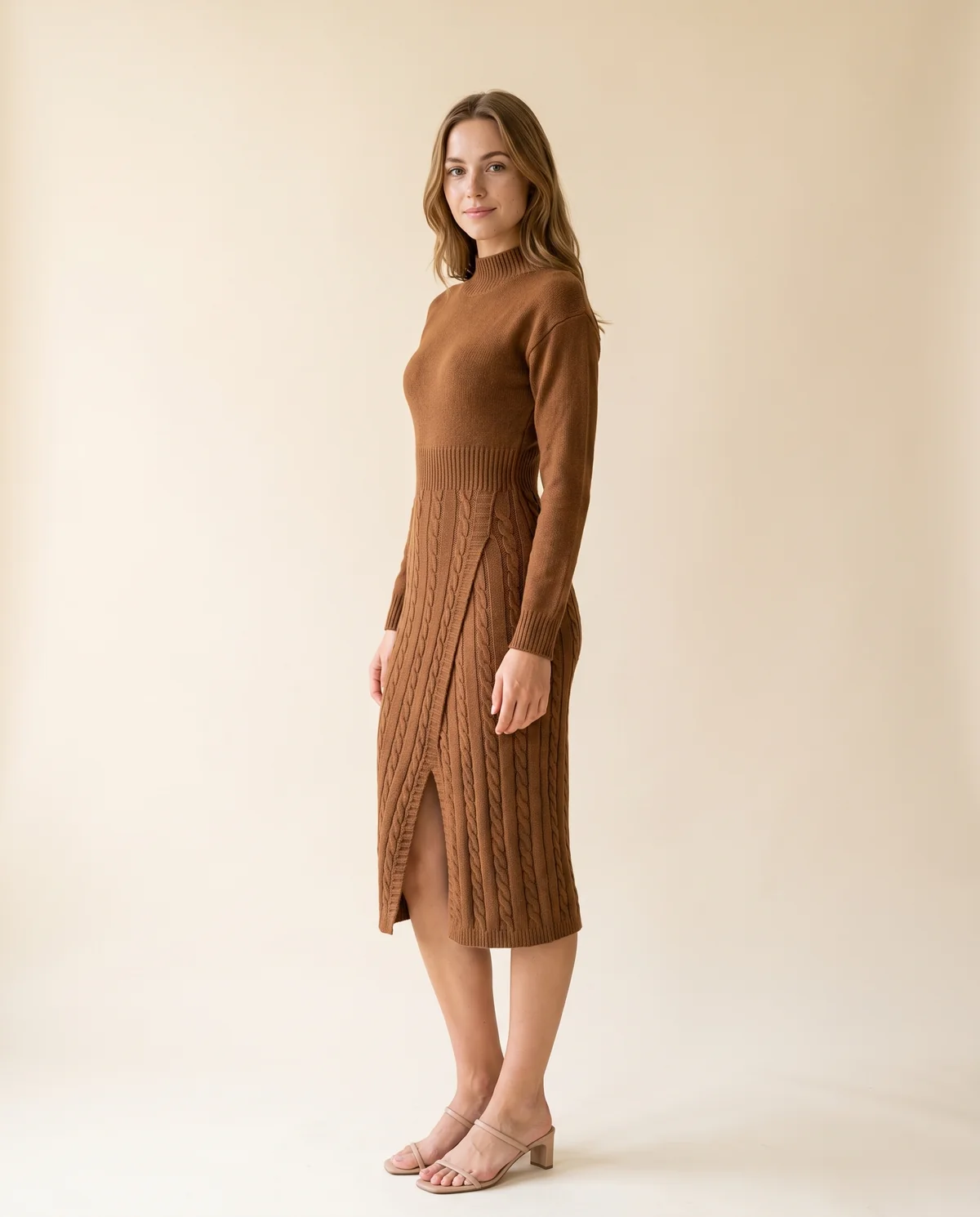 Cable-Knit Mock-Neck Midi Dress in Brown, side view, worn by Ava