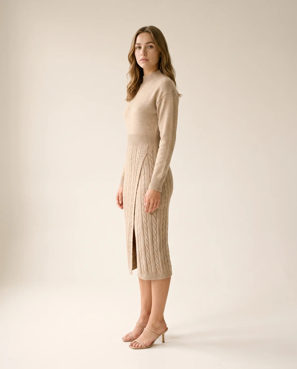 Cable-Knit Mock-Neck Midi Dress in Oatmeal, side view, worn by Ava
