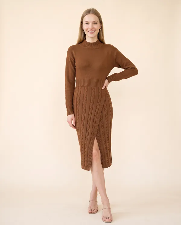 Cable-Knit Mock-Neck Midi Dress in Brown, front view, worn by Maya