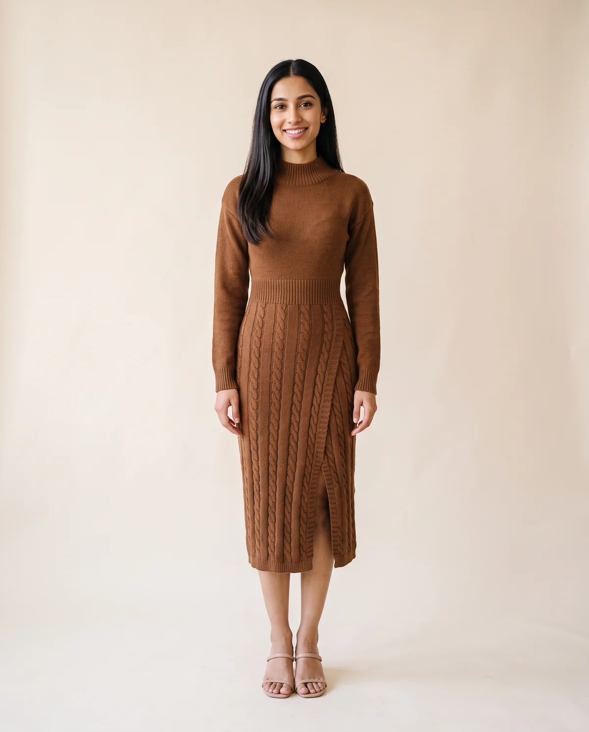 Cable-Knit Mock-Neck Midi Dress in Brown, front view, worn by Priya