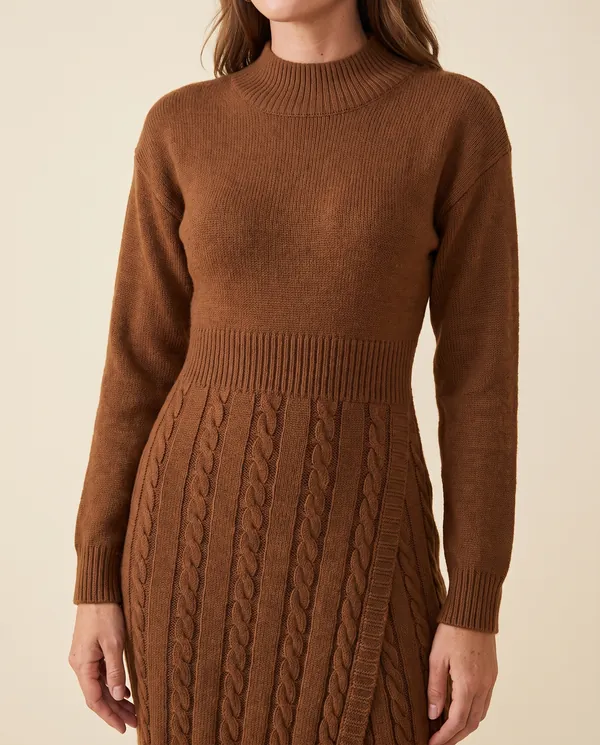 Cable-Knit Mock-Neck Midi Dress in Brown, close-up of the detail