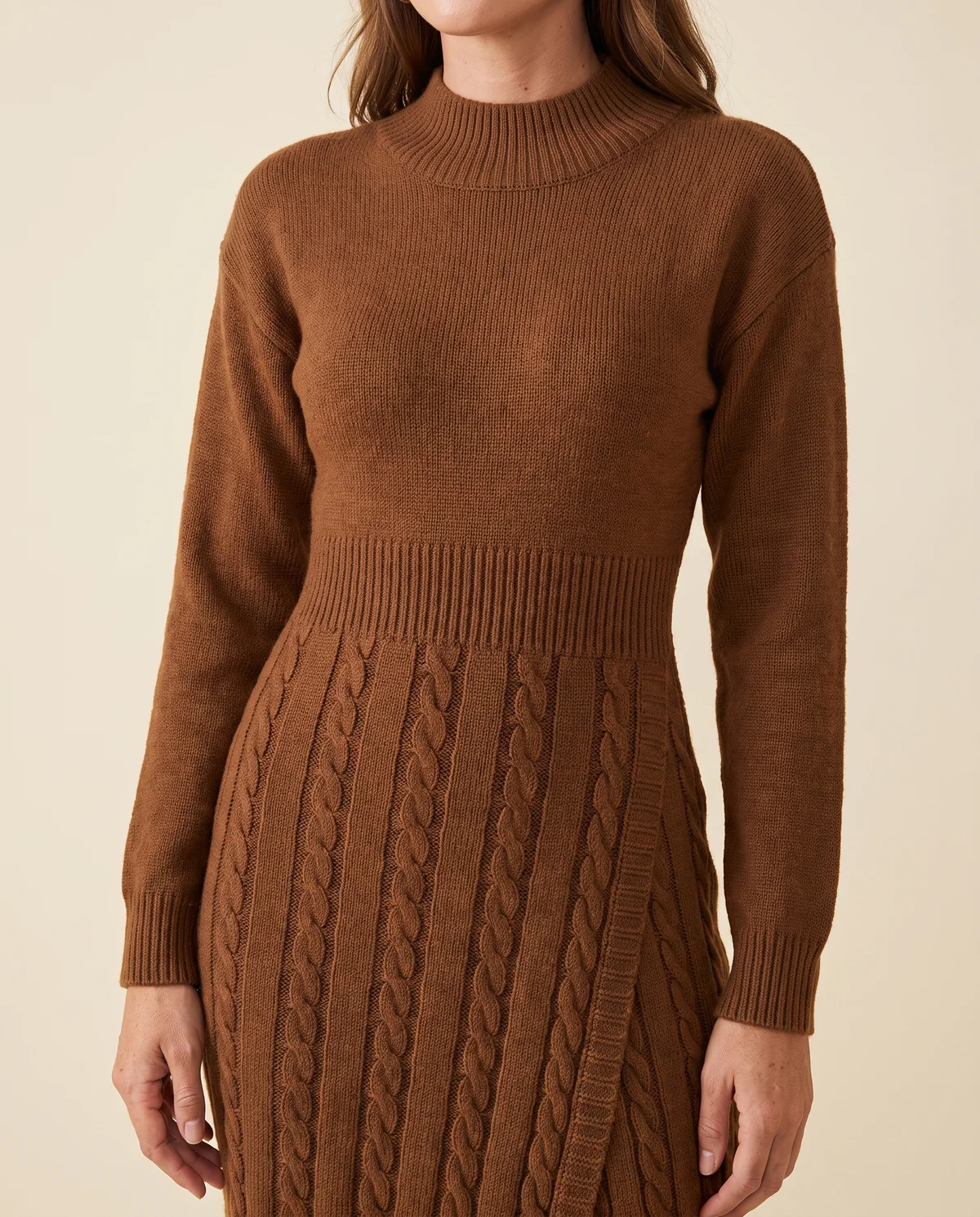 Cable-Knit Mock-Neck Midi Dress in Brown, close-up of the detail