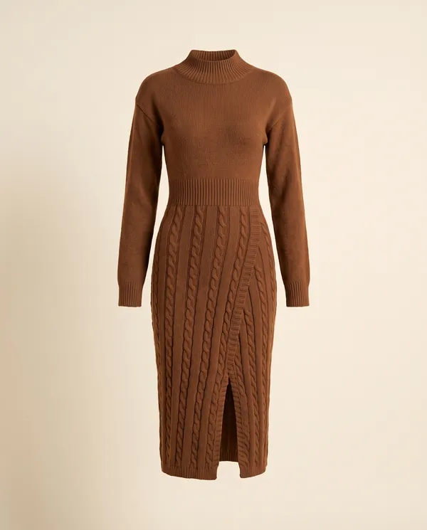 Cable-Knit Mock-Neck Midi Dress in Brown, product shot on a plain background