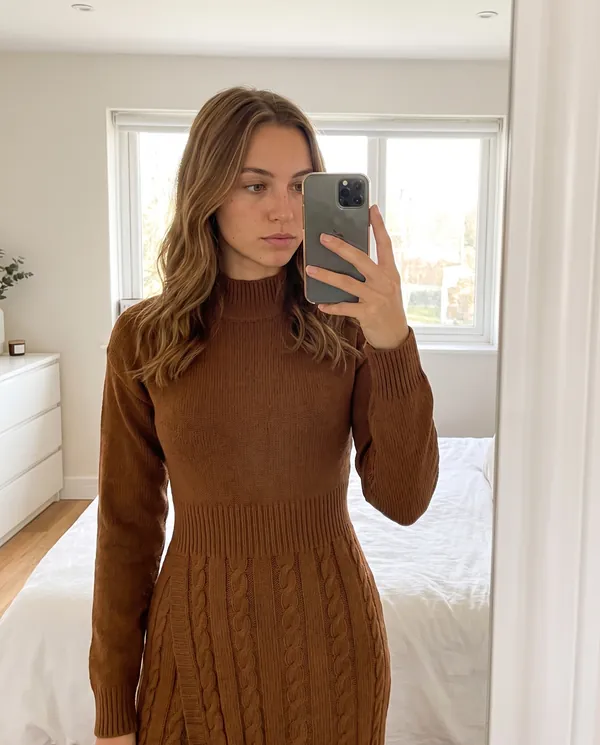 Satin Eve styling: Cable-Knit Mock-Neck Midi Dress